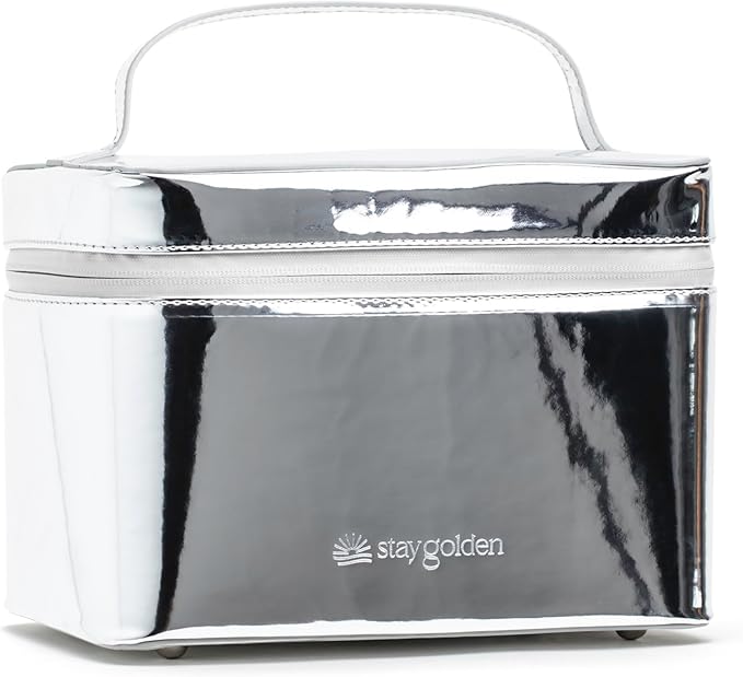 Large Insulated Metallic Silver Travel Makeup Case - Waterproof Vegan Leather Beauty Travel Skincare Bag - Heat-Resistant Zippered Designer Makeup Bag Shields Cosmetics from Melting, Freezing