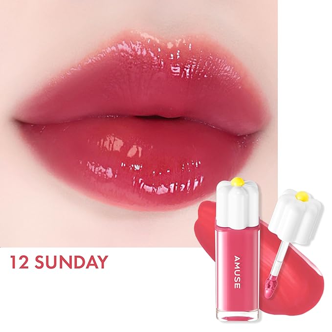 Amuse SEOUL Daisy Flower Dew Tint 12 SUNDAY | 35% High-moisture Water Tint, Long-lasting, Vitamin E Acetate, Moisturizing, No Peel Off, Lip Treatment, Non Sticky, Korean Lip Tint for Dry Lips