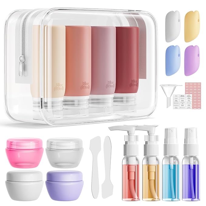 Muslish 21 Pack Travel Bottles for Toiletries, Leak-Proof TSA Compliant Silicone Travel Size Containers for Shampoo and Conditioner, BPA Free with Toiletry Bag (Cream)