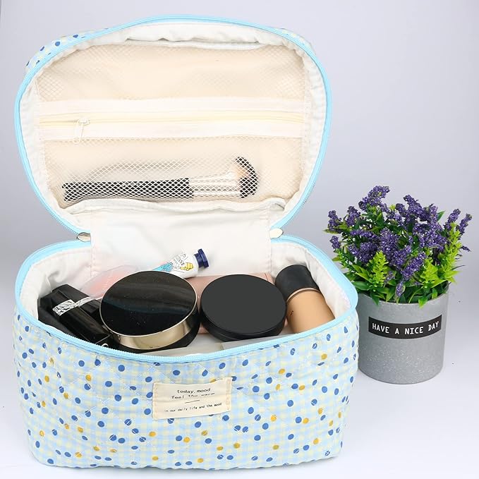 VIWIME Makeup Cosmetic Bag, Large Cotton Quilted Travel Coquette Aesthetic Cute Floral Make up Bag for Women Toiletry Bag Organizer(Blue Point/2Pcs)