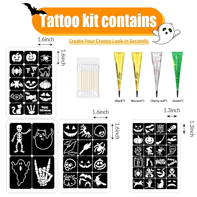Halloween Temporary Tattoos Stencils Kit,Temporary Tattoos Kit - 4 Pcs 4 Color(Maroon,Black,Cherry red,Green) Ink with Gloves,DIY Body Art Painting for Women Men Adults Kids