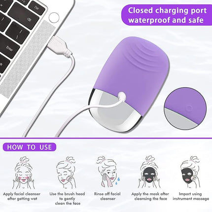 Facial Cleansing Brush, 3-in-1 Electric Silicone Face Scrubber, Vibrating Massager, IPX7 Waterproof, USB Rechargeble Pore Brush for Deep Cleanning, Blackhead Remover, Exfoliating (Purple)