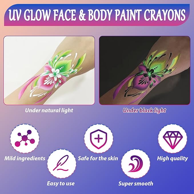Glow Face Body Paint Pen＆Stencils Kit, Party Decorations with 6 Glow‑in‑the‑Dark Face & Body Paint Pens＆25 Reusable Diverse Art Templates for Halloween Party Kids and Adults