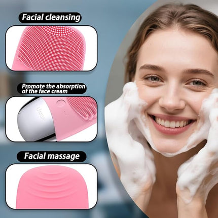 Facial Cleansing Brush, 3-in-1 Electric Silicone Face Scrubber, Vibrating Massager, IPX7 Waterproof, USB Rechargeble Pore Brush for Deep Cleanning, Blackhead Remover, Exfoliating (Pink)