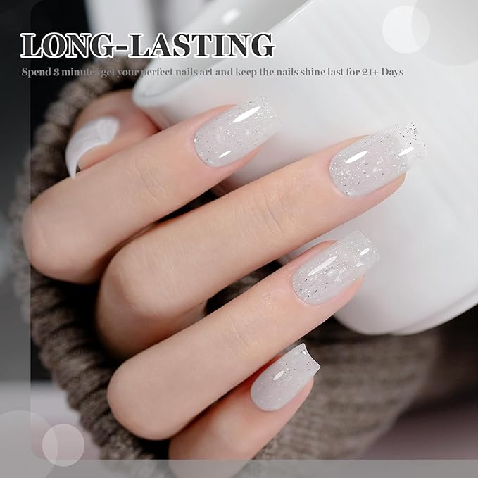 RARJSM Snow Glitter Gel Nail Polish Shiny Diamond Sparkly Chunky Jelly Milky White Silver Shimmer Pigments Opal Gelpolish Soak off Led UV Curing Required for Nail Art Salon Manicure