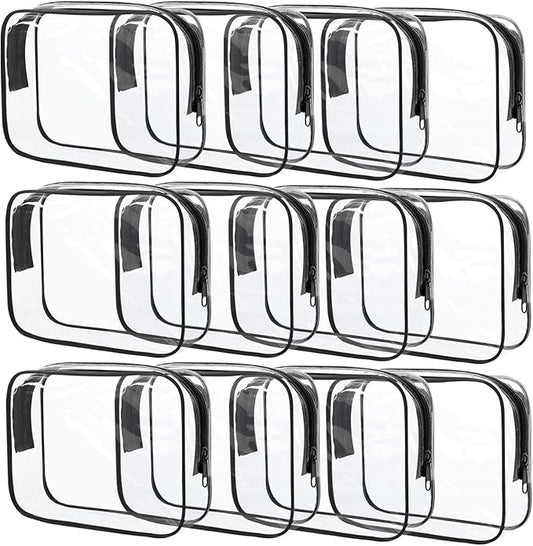 12 Pcs Clear Cosmetic Bag PVC Waterproof Zippered Clear Toiletry Carry Pouch Cosmetic Makeup Bag for Women Men Vinyl Plastic Organizer Case for Vacation Bathroom (Large, Black)