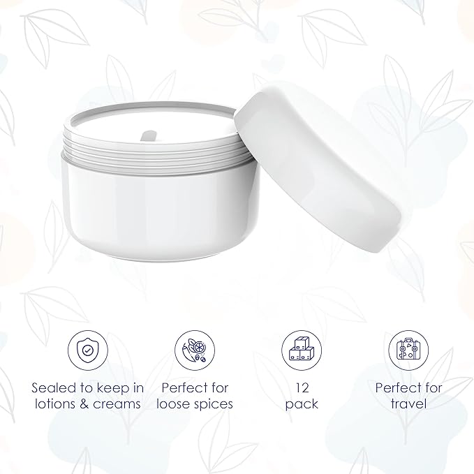 Houseables Lotion Jars, Lotion Container, Cosmetic Jars with Lids, Body Butter Containers, Travel Pots for Creams, Makeup, Moisturizer, Storage, Refillable, Empty, Small, Plastic, White, 4 OZ, 12 PK