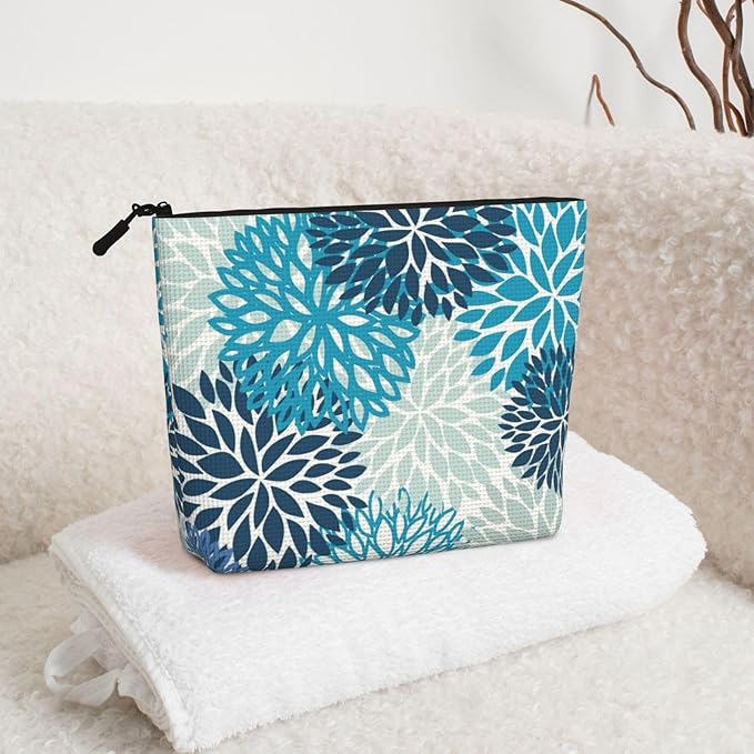 MOLAIGIN Medallion Dahlia Pinnata Floral Bobo Blue Pink Turquoise Grey Cosmetic Bag For Women, Travel Makeup Bag, Toiletry Zipper Bag, Large Capacity Aesthetic Cases