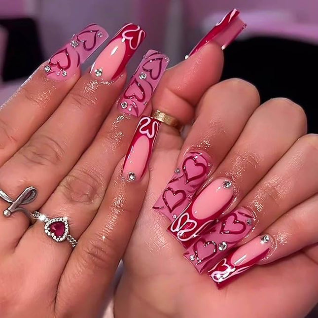 RUOKEXIN Valentine Pink Press on Long Square Fake Nails: French Tip, False with Heart Designs, Sparkly Artificial, Cute Stick on Nails (24Pcs)