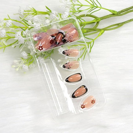 Short Press on Nails Almond Fake Nails with 3D Flower Gold Pearl Designs French Tip Nails Press ons Black Nude White Brown Acrylic Glossy Glue on Nail for Women 24 Pcs