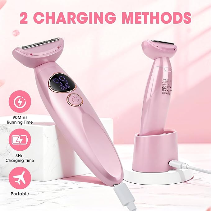 5 in 1 Bikini Trimmer for Women,IPX7 Waterproof Cordless Replaceable Pubic,Eyebrow,Facial Electric Razors&Nose Hair Trimmer&Painless Body Shaver for Arms Legs Underarms,USB Charge,LED Display,Wet&Dry