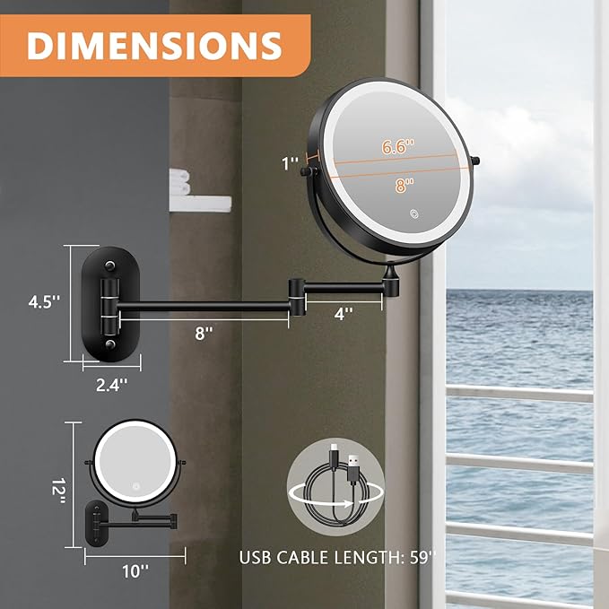 1X/20X Wall Mounted Makeup Mirror with Light, 8" Rechargeable Double-Sided Magnifying Mirror, Vanity Mirror Dimmable 3 Color Light, 360° Extension Rotation Foldable 14.5 Inch Arm for Bathroom