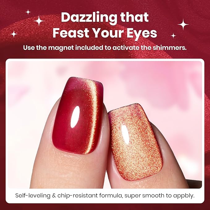 Beetles Red Cat Eye Gel Nail Polish - 15ML Cherry Red Glass Magnetic Cat Eye Glitter Gel Polish with Gold Powder Soak Off UV Twilight Toast Collection Nail Art Design Manicure Gifts for Women