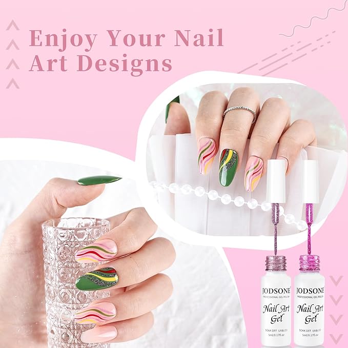 JODSONE Nail Art Gel Liner Set 10 Colors Glitter Purple Gold Green Gel Nail polish Need U V Lamp Cured with Thin Brush at Home Salon Design