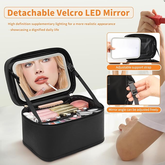 OCHEAL Makeup Bag With LED Mirror, Travel Makeup Bag With 3 Color Setting Light Up Mirror Cosmetic Makeup Organizer Vanity Case for Women Beauty Tools Accessories Rechargeable Makeup Travel Bag-Black