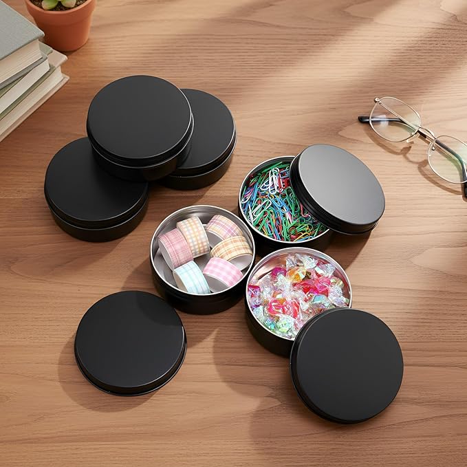 Therwen 48 Pcs Aluminum Tin Jars Containers Metal Leak Proof Cosmetic Tin Jars Containers Round Screw Lids Lip Balm Can Empty Refillable Cosmetic DIY Storage (1.6 x 3.9 Inch,Black)
