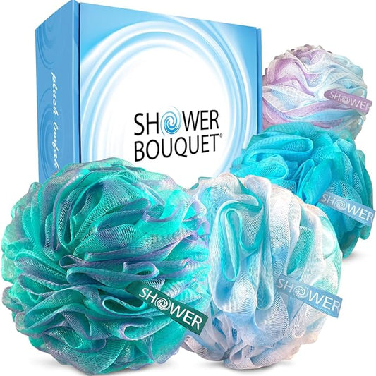 SHOWER BOUQUET Loofah-Bath-Sponge XL Swirl-Mix-Color 4-Pack // Extra-Large 75g Mesh Luffa Loofa Loufa Puff Pouf Set/Exfoliating Body Scrubber for Women and Men - Exfoliate & Soothe Face & Body