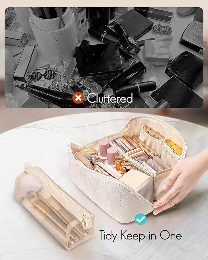 Vlando Makeup Bag,Large Capacity Toiletry Bag for Women Waterproof Portable Make up Pouch PU Leather Open Flat Cosmetic Bag(Cream White)