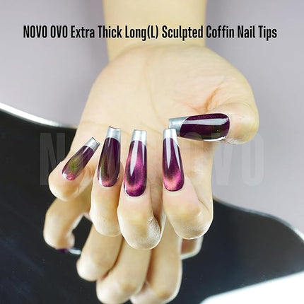 NOVO OVO Long Coffin Nail Tips SCULPTED (Not NATURAL) for Curved Nail Beds, Extra Thick L Length False Nails Press on, Full Cover Soft Gel Fake Nail Extension, Salon DIY x 15 Sizes 450 pcs