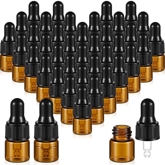 200 Pcs Mini Glass Oil Dropper Bottle Bulk, Clear Essential Small Empty Bottles Sample Containers Perfume Liquid Vials with Cap for Traveling (1 ml,Amber)