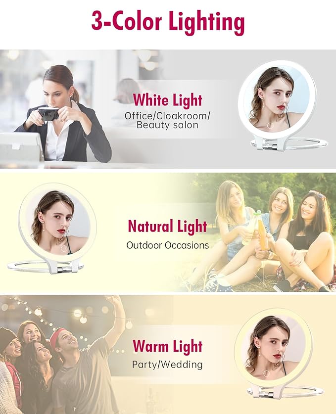 FASCINATE Magnifying Mirror 10X 1X Double Sided Magnification Makeup Vanity Mirror Rechargeable Lighted Mirror with 3 Color Lighting Modes Adjustable Rotation LED Vanity Mirror