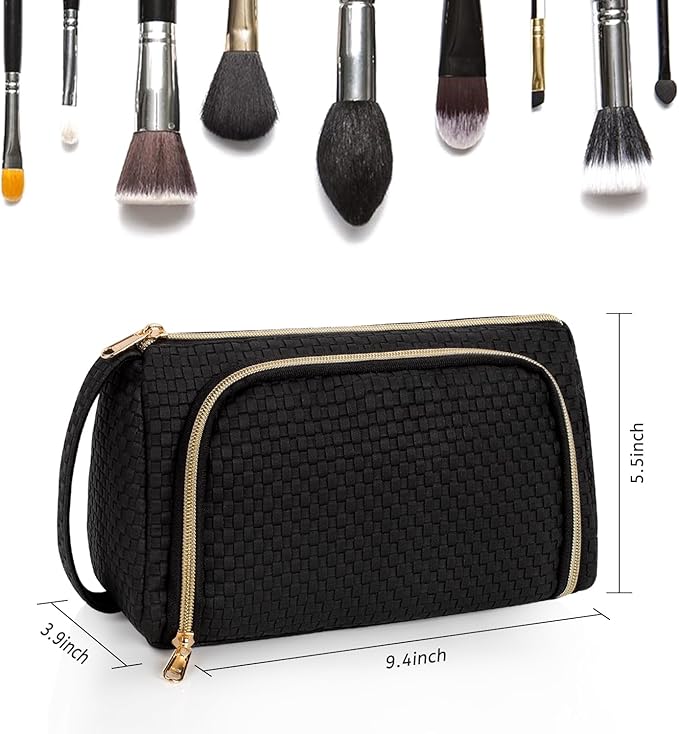 Makeup Bag, Small Cosmetic Bag with Makeup Brush Comparment, 2 in 1 Cute Make Up Organizer Pouch for Women Girls, Portable Travel Toiletry Bag