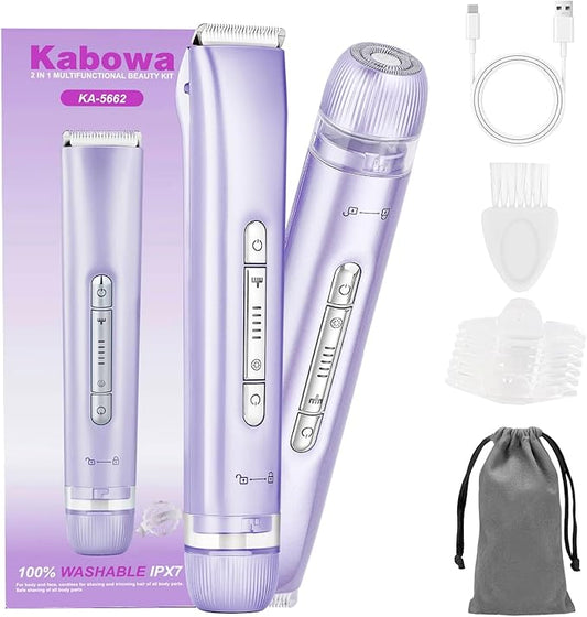 2 in 1 Bikini Trimmer for Women Dual Head Electric Razors IPX7 Waterproof Wet & Dry Use, Electric Shaver for Women Private Area Facial Body Underarm Leg Arm Hair Remover for Pubic Hair