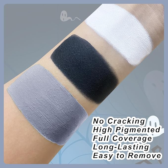 Black White Light Grey Face Paint + 3PCS Sponge + Brush,3 Colors Gray Body Paint for Zombie Skeleton Skull Vampire,Halloween SFX Makeup Kit,Eye Black for Baseball/Softball/Football,21g