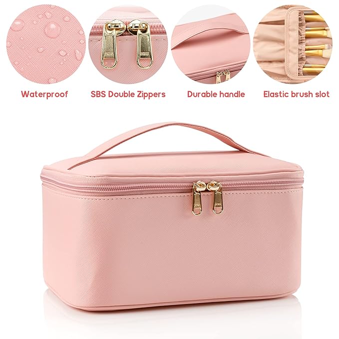 OCHEAL Pink Makeup Bag,Travel Makeup Organizer Bag, Large Capacity Cosmetic Bags For Women Large Travel Toiletry Bag Girls Traveling With Brush Slot And Divider