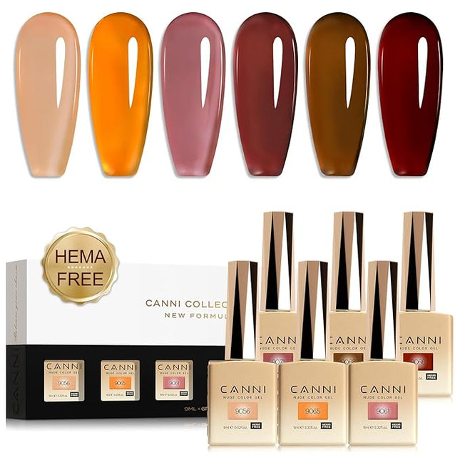 CANNI Brown Jelly Gel Nail Polish Set – 6 Colors 9ML Translucent Coffee, Mocha, Caramel Shades – Soak Off UV LED Gel for Fall Nails, High Gloss DIY Manicure, Salon Use