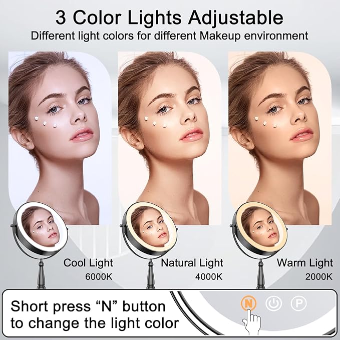Makeup Mirror with Lights, 20X Magnifying Mirror with Light and 3 Colors, 9" Vanity Mirror with Lights and Adjustable Brightness, 2-Sided Tabletop Mirrors with 360° Rotation, Black Desk Mirrors