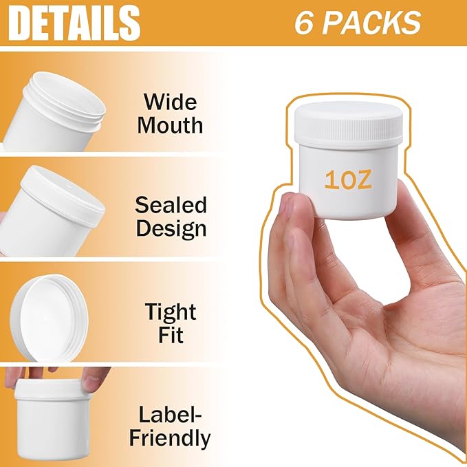 ASEVAT 6 Pack Airtight Plastic Jars, Leak-Proof Travel Size Jar | Refillable Cosmetic Containers for Creams, Lotions, TSA-Approved Clear Jars with Secure Lids (1 oz, white)
