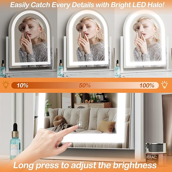 Curved Makeup Vanity Mirror with Lights 17.2" Large LED Lighted Mirror, Hollywood Make Up Mirror with Lighting, Smart Touch,Detachable 5X Magnification 360° Rotation, (White,Gift Box)