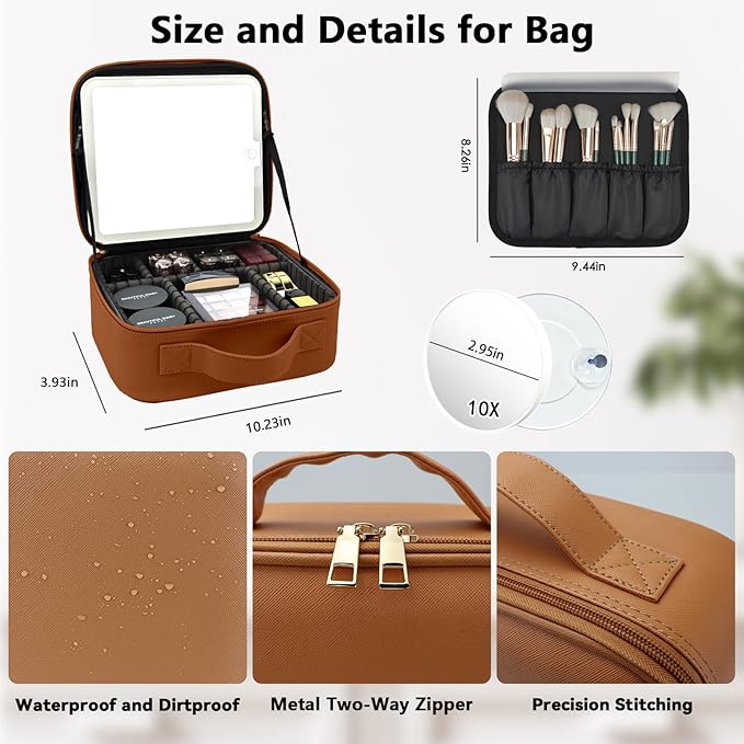 Travel Makeup Bag with LED Mirror and 10x magnifying glass with 3 Lighted Settings, Adjustable Dividers and Makeup Brush Storage Bag Caramel
