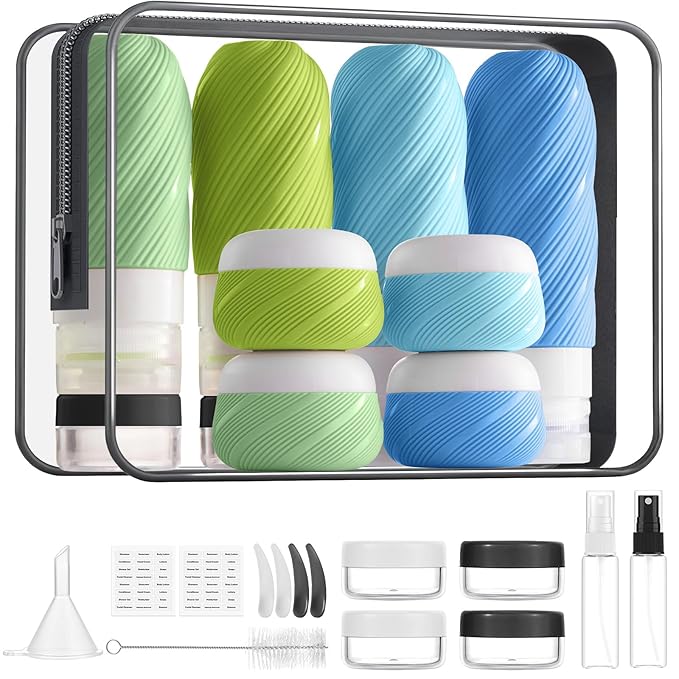 23 Pack TSA Approved Travel Bottles for Toiletries, Leak Proof Refillable Travel Size Containers Kit with Silicone Squeezable Bottles Jars for Shampoo Lotion Conditioner, in Clear Bag, Blue