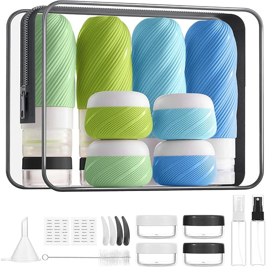 23 Pack TSA Approved Travel Bottles for Toiletries, Leak Proof Refillable Travel Size Containers Kit with Silicone Squeezable Bottles Jars for Shampoo Lotion Conditioner, in Clear Bag, Blue