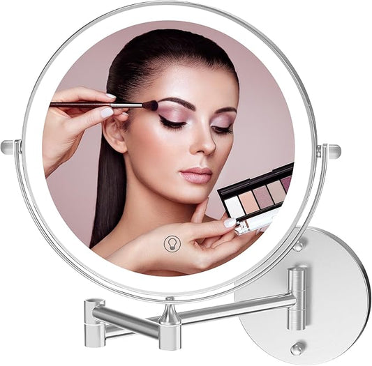 Fab Glass and Mirror Rechargeable Lighted Makeup Mirror 8 Inch, 1x/10x Magnification 3 Color Lights Touch Screen Dimmable 360° Rotation, Wall Mounted Magnifying Mirror Wall Mounted Mirrors (Chrome)