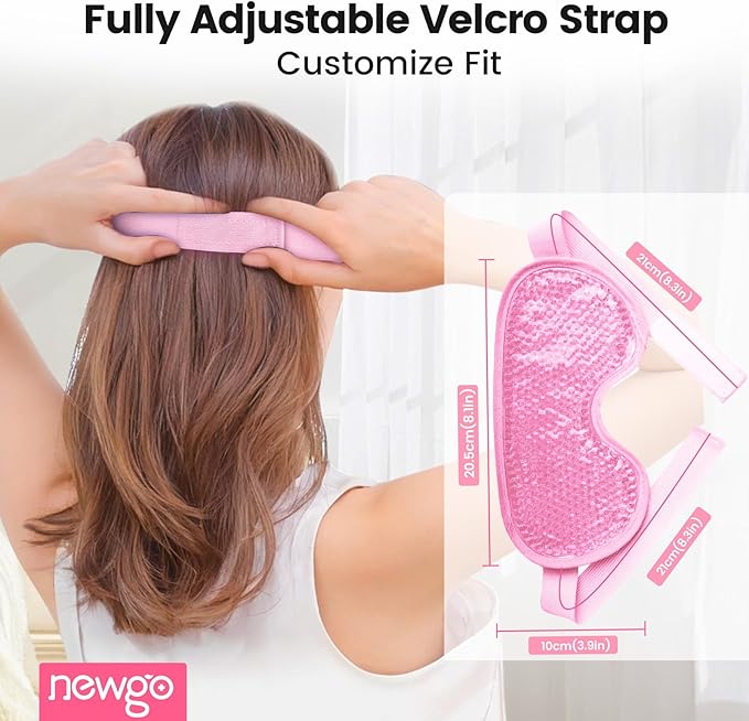 NEWGO Cooling Gel Cold Eye Mask for Puffy Eyes, Reusable Ice Pack with Soft Plush Backing for Dark Circles, Migraine, Stress Relief - Pink