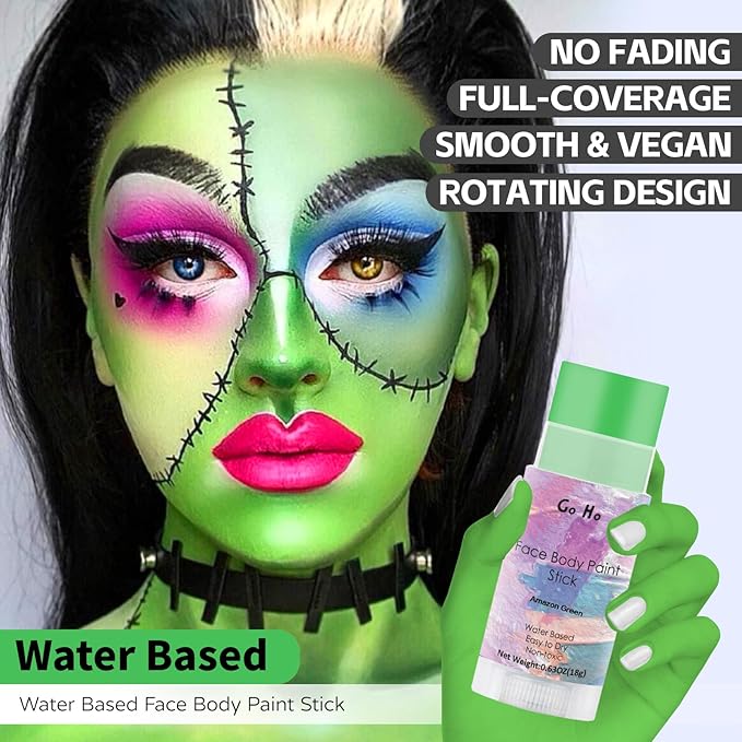Go Ho Water Based Amazon Green Face Body Paint Stick,Non-Toxic Face Painting,Easy-to-use Facepaint for Halloween Costumes Cosplay SFX Hulk Gamora Witch Makeup,0.63oz