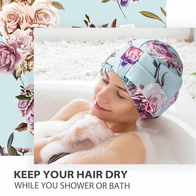 INNELO Luxury Shower Cap for Women Reusable Waterproof, Double Layered Shower Hair Cap with Adjustable Elastic Strap, Large Satin Lined Shower Bath Cap for Long Curly Straight Hair, Green-Flower