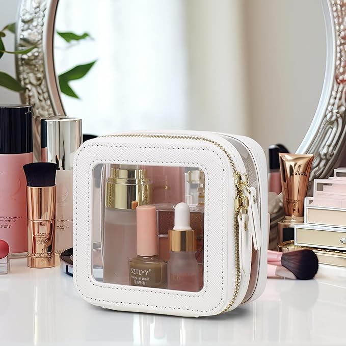 Pinkmik Small Makeup Bag Clear Mini Cosmetic Makeup Case & Toiletry Bag with Zipper Women's Purse Organizer & Car Essentials (White, MINI-2)