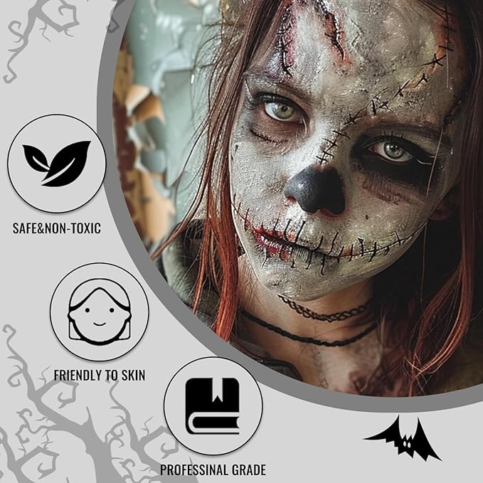 BOBISUKA Halloween Zombie Makeup Kit with 4 Colors Face Body Paint & Applicator, Fake Blood, Liquid Latex and Scar Wax SFX Makeup Set for Vampires Wounds Clown Cosplay Special Effects Makeup