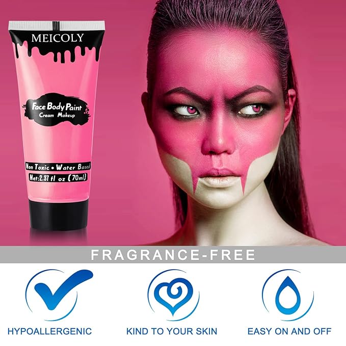 MEICOLY Pink Halloween Face Body Paint, 2.37Oz Large Tube Water Based Non-Toxic Full Body Paint for Adult Children,Highly Pigmented Face Painting for SFX Special Effects Cosplay Makeup