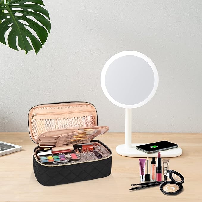 OCHEAL Small Makeup Bag,Portable Cute Travel Makeup Bag Pouch for Women Girls Makeup Brush Organizer Cosmetics Bags with Compartment-Nylon Black