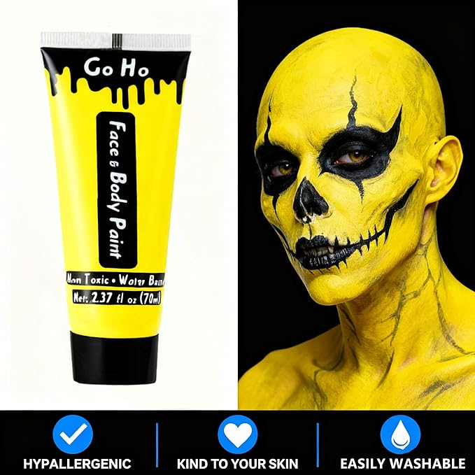 Go Ho Yellow Face Body Paint Washable(2.37oz/pc),Water Based Cream Full Yellow Body Paint for SFX Cosplay Costumes Festivals Halloween Makeup
