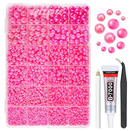 qiipii 2 Styles Solid Hot Pink+ Rose Pink AB Flatback Pearls for Bedazzling Crafting 3mm-10mm Half Round Pearls Beads Gems Bedazzler Kit for Nails Face Eyes Makeup Tumblers Bottles DIY Crafts Shoes﻿