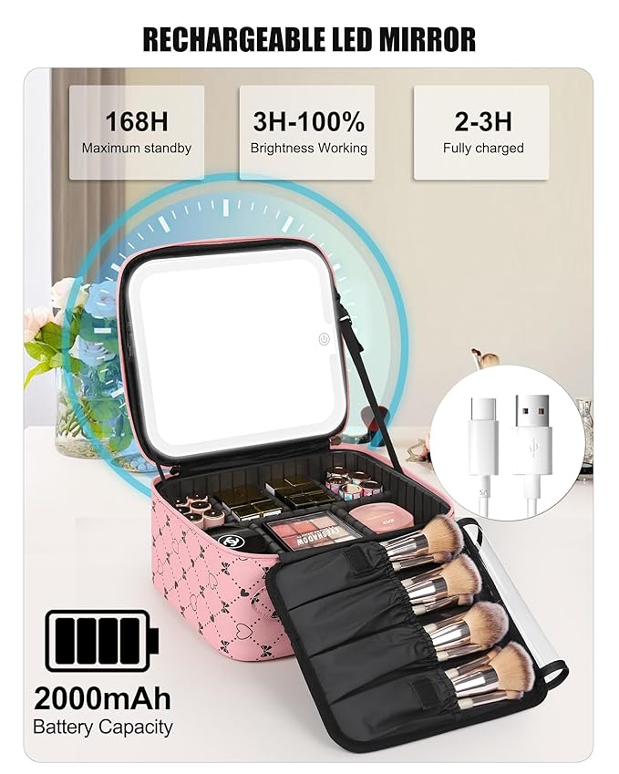 Relavel Travel Makeup Bag With LED Mirror, Compact Cosmetic Organizer Storage with Brush Compartment, 3 Colors in Adjustable Brightness, Adjustable Dividers, Make Up Train Case - Pink Bowknot