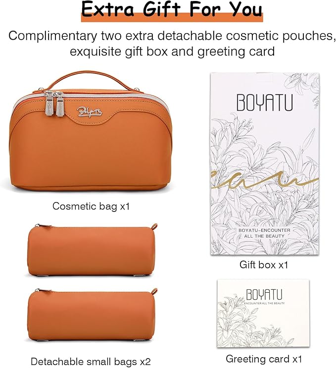 BOYATU Travel Makeup Bags Cosmetic Organizer Bag: 3-Set Large Capacity Make up Bag - PU Leather Toiletry Bags for Women - Wide Open Portable Pouch with Divider & Handle (09-Orange brown)
