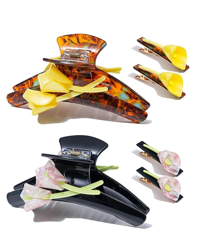 ACECHA Tulip Flower Acrylic Hair Clip Set, 6 Piece Large Claw Clips & No Crease Hair Clips for Thin and Thick，Non-Slip Hair Grip Hairclips for Makeup, Salon, Strong Hold Jaw Clamps (Black & Coffee)