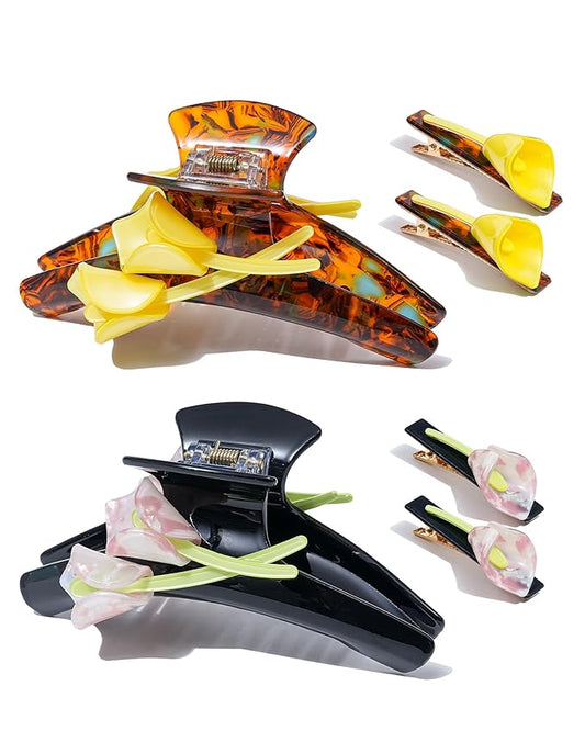 ACECHA Tulip Flower Acrylic Hair Clip Set, 6 Piece Large Claw Clips & No Crease Hair Clips for Thin and Thick，Non-Slip Hair Grip Hairclips for Makeup, Salon, Strong Hold Jaw Clamps (Black & Coffee)